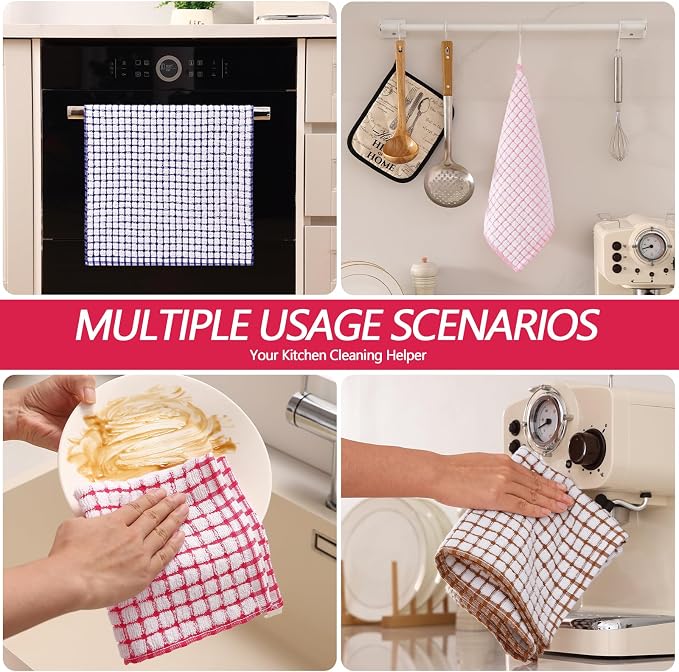 Homaxy Kitchen Towels and Dishcloths Set, Set of 16, Blue/Pink/Red/Brown | Cotton Terry Kitchen Dish Towels, Super Soft and Absorbent Dish Cloths, 16 x 25 and 12 x 12 Inches