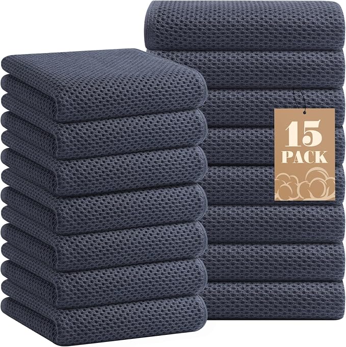 Homaxy 100% Cotton Waffle Weave Kitchen Towels, 15-Pack, Dark Grey | Ultra Soft Absorbent Dish Towels, Quick Drying Cleaning Towels, 13 x 28 Inches
