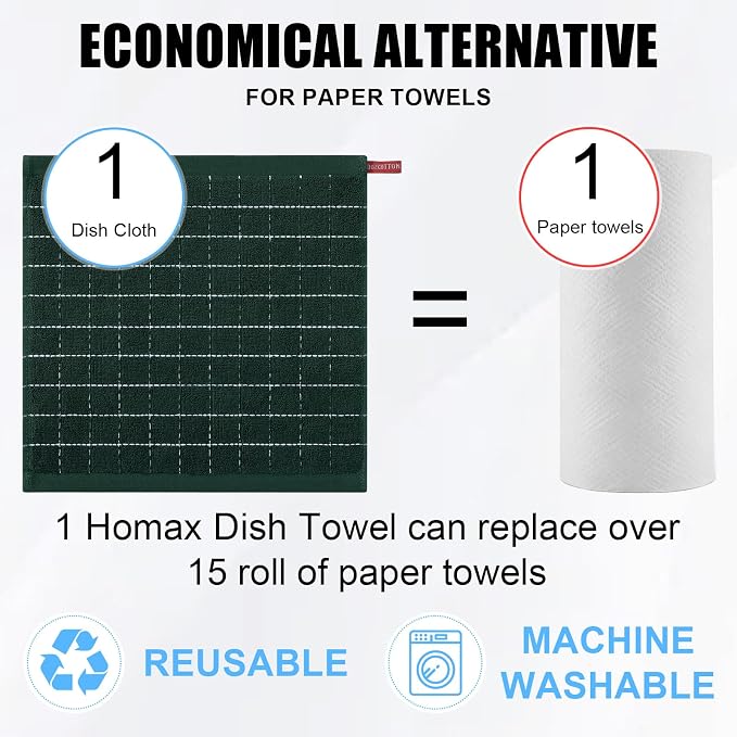 Homaxy 100% Cotton Terry Kitchen Dish Cloths, 6 Pack, Blackish Green | Ultra Soft and Absorbent, Suitable for Drying and Washing Dishes