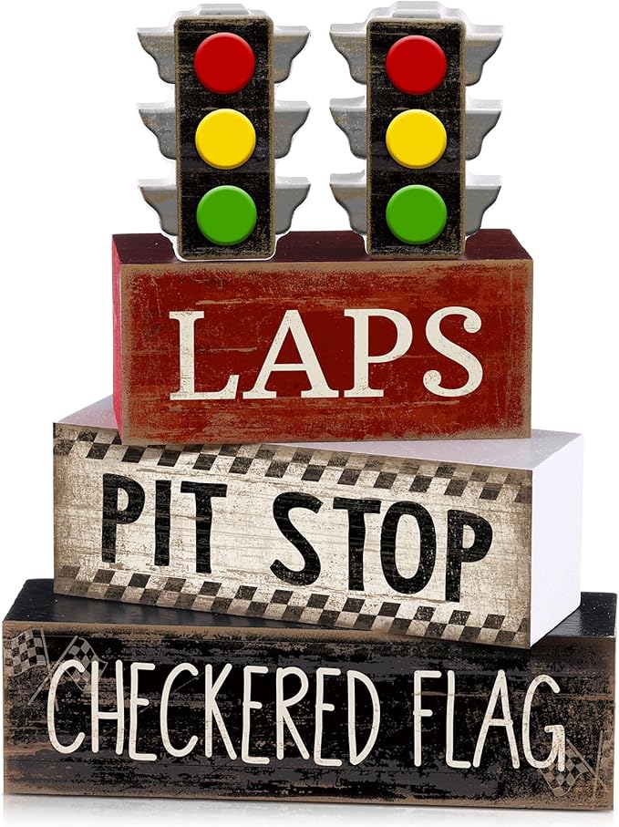 Lineshading 4 Pcs Race Car Wooden Tiered Tray Decor Tabletop Block Signs | Traffic Lights Pit Stop Checkered Flag Design, Boys Racing Birthday Party Room Decorations, Theme Display