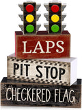 Lineshading 4 Pcs Race Car Wooden Tiered Tray Decor Tabletop Block Signs | Traffic Lights Pit Stop Checkered Flag Design, Boys Racing Birthday Party Room Decorations, Theme Display