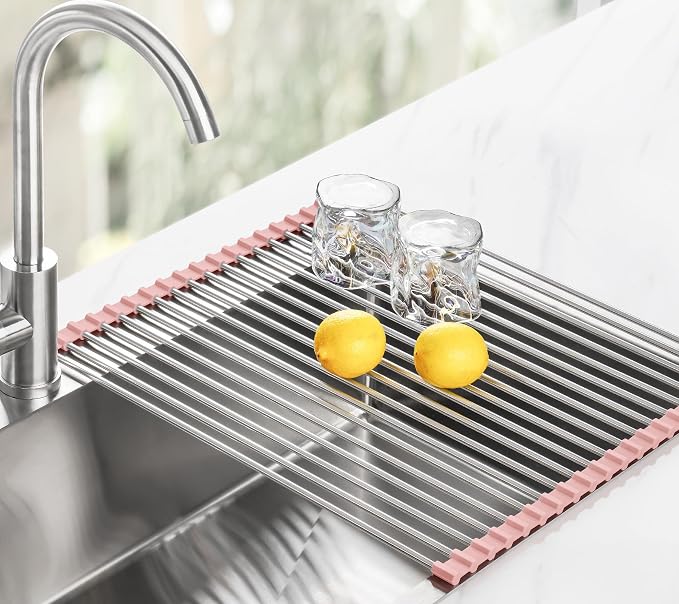 Tomorotec Roll Up Dish Drying Rack Over Sink, 304 Steel, 21x15.5, Pink | Anti-Slip Silicone Rims For Grip, Heat-Resistant Trivet Mat Holding Heavy Cookware, Rustproof Kitchen Counter Space Saver