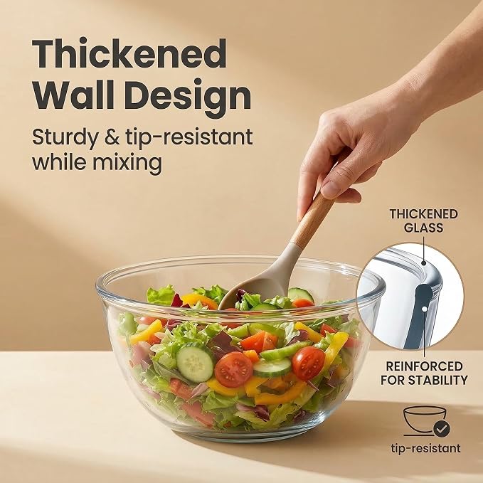 Borosilicate Glass Mixing Bowls, Set of 2 (9-inch, 2.8 QT Each) – Heavy Duty, Scratch Resistant, Non-Toxic & Lead-Free – Oven/Microwave/Dishwasher/Freezer Safe – Ideal for Meal Prep, Baking & Serving