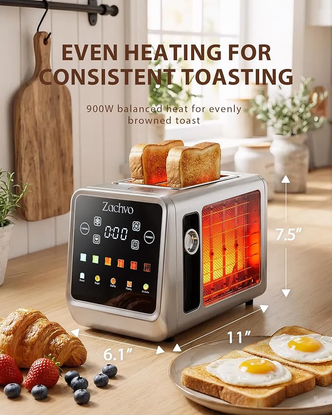 2 Slice Touchscreen Toaster with Digital Countdown & Bagel Mode | 1.5" Wide Slots, Single-Side Toasting, Bread, Waffle & Muffin Presets, Memory, 6 Shade Settings, Defrost & Reheat