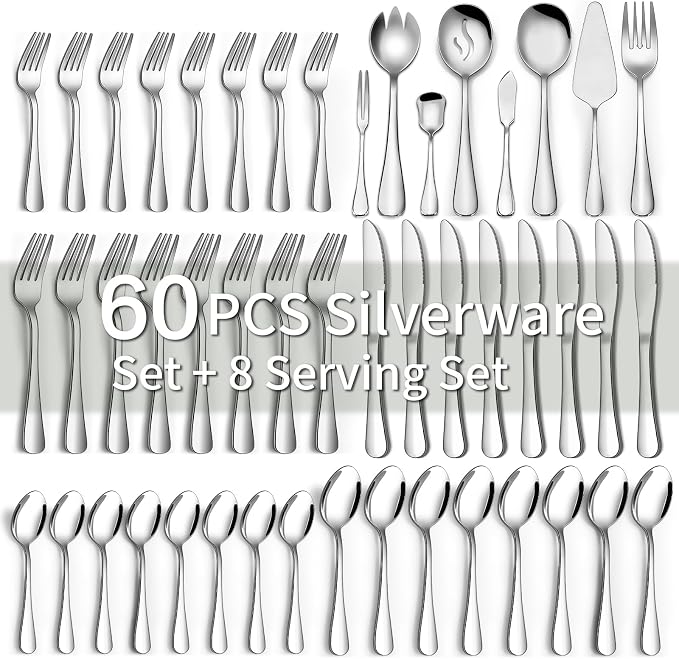 68 Pieces Silverware Set with Serving Utensils Set, CEKEE Stainless Steel Flatware Set for 12, Heavy Duty Cutlery Set, Kitchen Utensil Sets for Home Restaurant, Mirror Finish, Dishwasher Safe