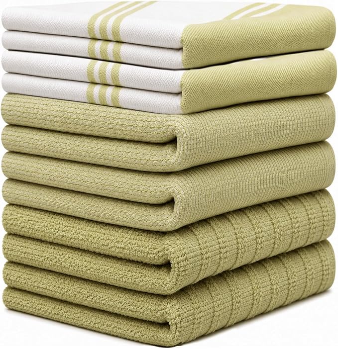 Premium Kitchen Towels 6 Pack 100% Cotton 20"x28" Dish Towels - Sage Wide | Large Flat & Terry Kitchen Linen Set with Hanging Loops, Highly Absorbent for Washing and Drying Dishes