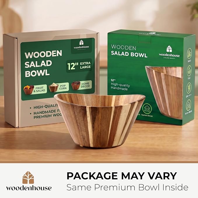 Extra Large Wooden Salad Bowl, Acacia 12" Multi-Purpose Serving Fruit Bowl | Durable wavy handmade design; 6.36 qt; doubles for home decor, storage, candy or yarn on the kitchen counter