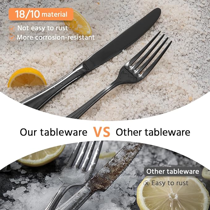 18/10 Stainless Steel Silverware Set for 8, 40 Piece Black Flatware Set | KINGSTONE Teardrop Heavy Cutlery Set, Mirror Polished Knives Fork Spoons Utensils, Dishwasher Safe for Home Kitchen Wedding