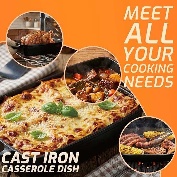 2-in-1 Pre-Seasoned Cast Iron Casserole Dish with Lid, Rectangular Dutch Oven, Cast Iron Roasting Pan&Baking Dish for Lasagna, Sourdough Bread, 13"x9"