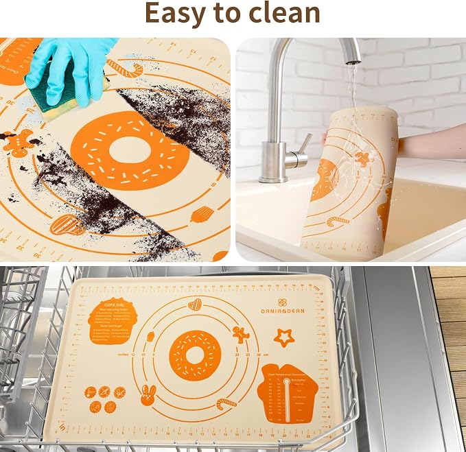 DANIA & DEAN 26"x16" 1.1mm Ultra-Thick Baking-Themed Silicone Pastry Mat | Non-Slip & Non-Stick Mat with 4.5mm Raised Edges & Measurements, Anti-Spill for Dough, Bread, Cookies & Pizza Counter Sheet