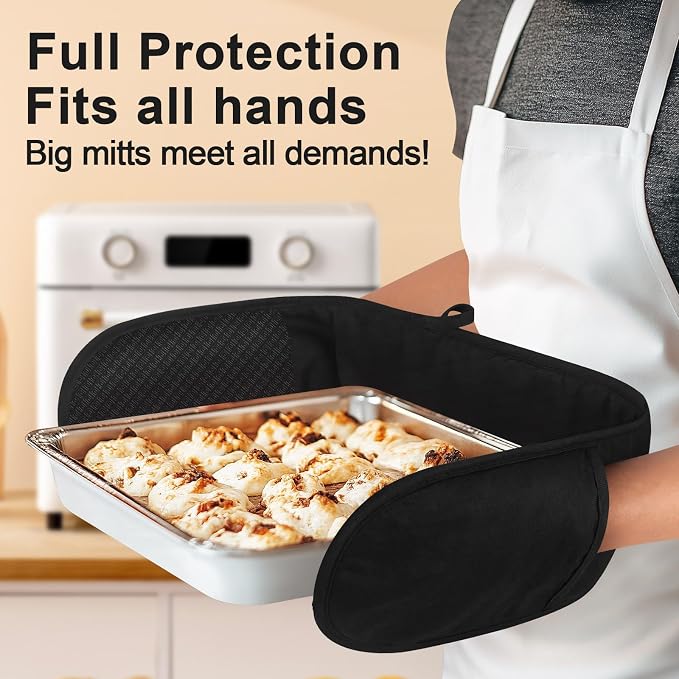 Philorn Black Double Oven Mitts, Heat Resistant 260℃ Silicone Glove | Waterproof Kitchen Gloves Oven Extra Long Oven Mitts with Non-Slip Silicone Surface for Baking, Cooking, BBQ