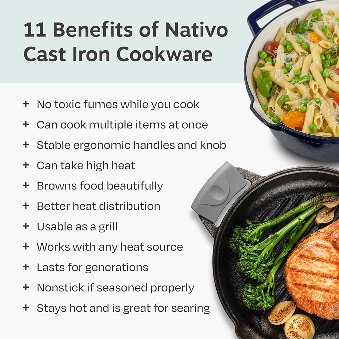NATIVO 5 pc Stackable Cast Iron Cookware Set, Versatile Enamel Dutch Oven, Seasoned Grill Pan & Enamel Braiser with Precision Pour Spouts, Universal Lid, Included Spacers/Handle Holders, Midnight Blue