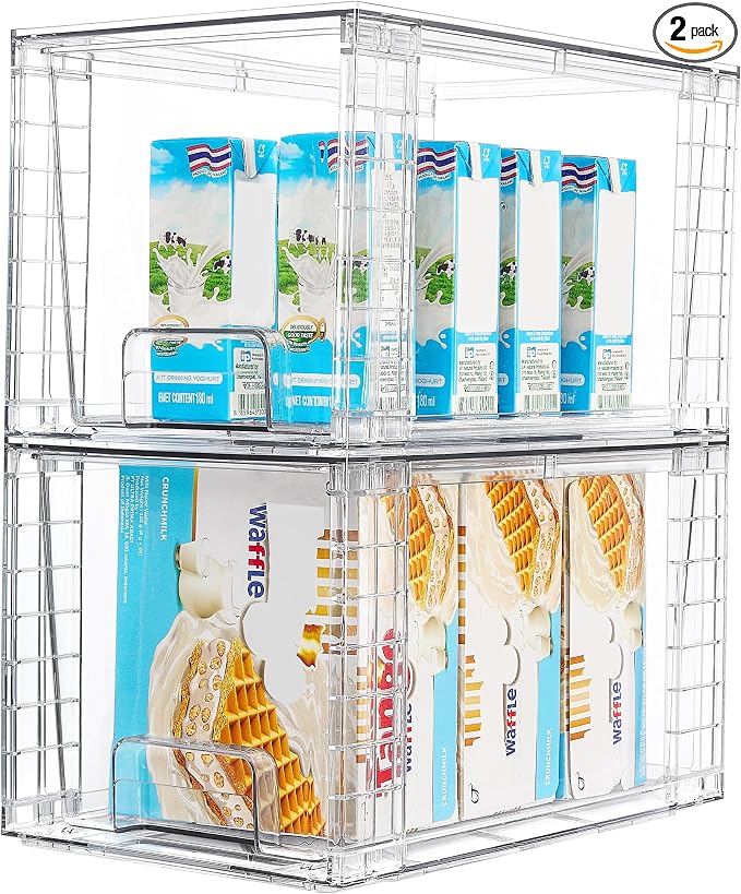 Vtopmart 4 Pack Stackable Clear Pantry Storage Drawers, Large | Large Clear Drawers with Handles. Stackable, Easy to Assemble, Non-slip and Sturdy for Pantry, Kitchen, Cabinet & Bathroom.