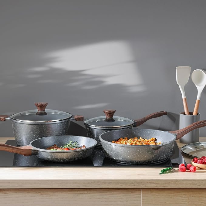 SENSARTE Nonstick Cookware Set 13-Piece, Non Stick Pots and Pans Set with Swiss Granite Coating, Healthy Kitchen Cooking Set, Stay-Cool Handles, Induction Compatible, PFOA/PFOS Free