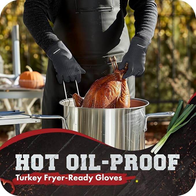 KITCHEN PERFECTION Silicone Smoker BBQ Gloves - Heat Resistant Oven Mitts | Waterproof, 5-Finger Design For A Better Grip, for Pitmasters, Meat Smoking, Grilling, Cooking, Frying Turkey | Grill Gift