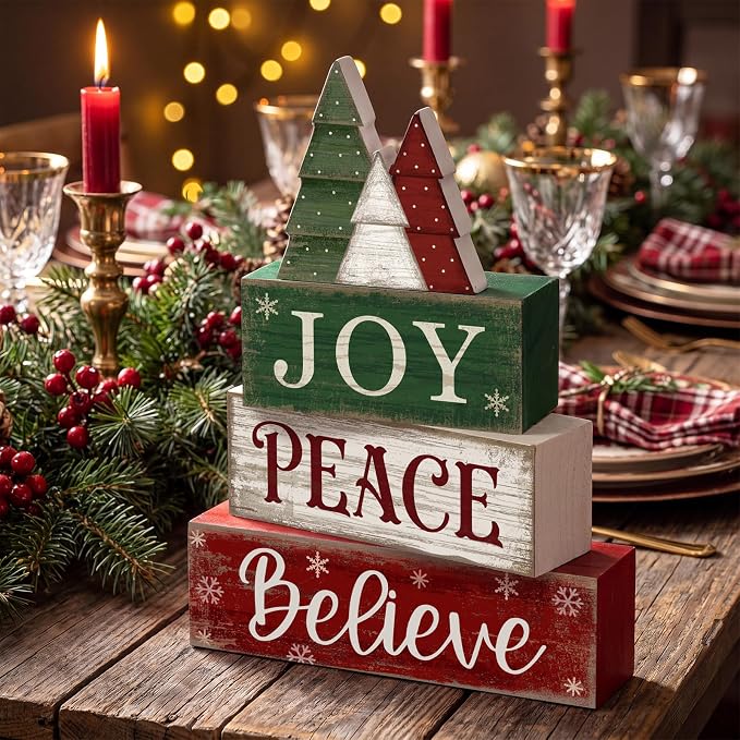 Lineshading 4 Pcs Christmas Table Decor, Wooden Tree Block Sign Home Tray | Red Green White Rustic Tree, Christmas Centerpiece For Tiered Tray, Wooden Block Display, Holiday Kitchen Shelf Home Decor