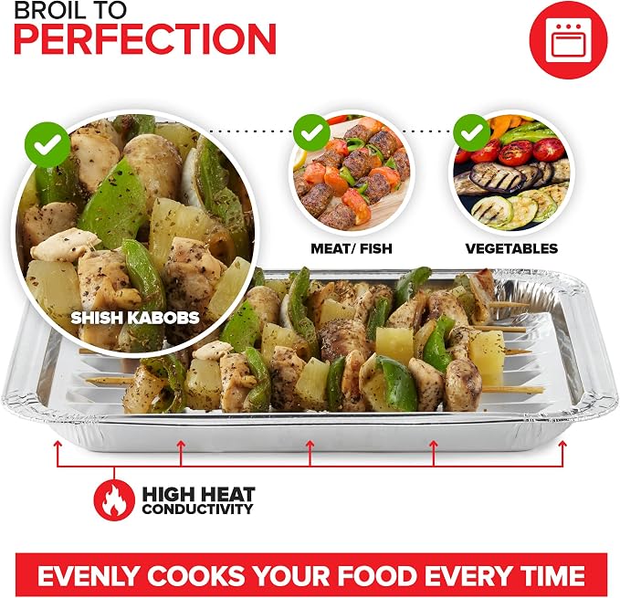 Stock Your Home Disposable Aluminum Foil Broiler Pan for Oven (25 Pack) Sheet Pans for Grilling, Roasting Rack, Trays with Ribbed Surface for BBQ Grill-Like Texture
