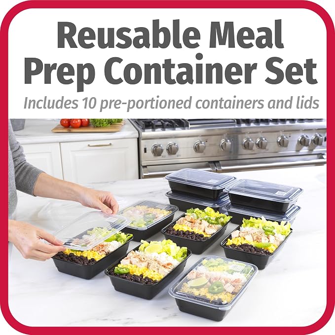 GoodCook Meal Prep Containers, Single Compartment 10-Pack, BPA-Free Reusable Food Storage, Black, Microwave & Freezer Safe, Stackable Meal Prep Containers for Lunches and Snacks (Pack of 4)