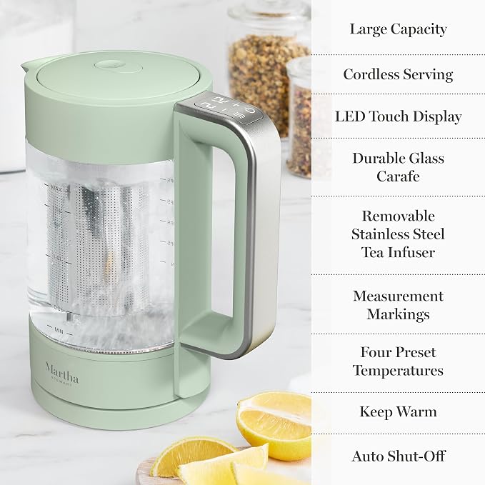 Martha Stewart 1.7L Glass Carafe Electric Kettle with Removable Tea Infuser | 7 Cups, 4 Presets, Rapid Boiling, Stainless Steel Tea Leaf Infuser, Cordless Swivel Base, Keep Warm, Auto Shut-Off, Honeydew