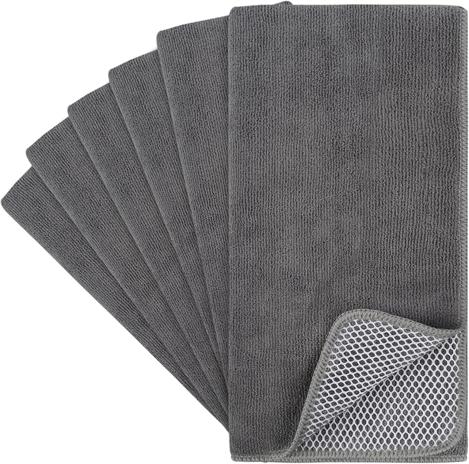 Dish Cloths for Washing Dishes with Scrub Side, Microfiber Dish Rags | Dual-sided microfiber dish cloths with scrubber for stuck-on food, quick dry kitchen washcloths 6 Pack, 15" x 25 Inch Gray