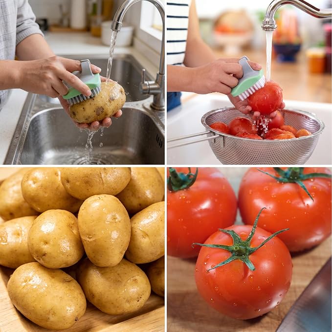 Aodaer 4 Pack Vegetable Brush Potato Scrubber Brush Silicone Hard and Soft Side Fruit Cleaning Tools for Delicate or Tough-Skinned Vegetables, Light Green