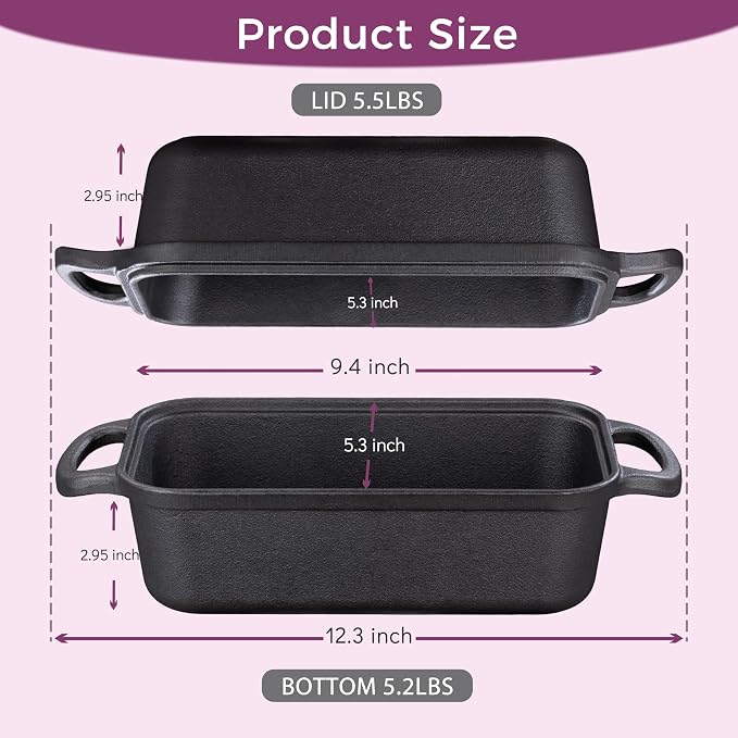 Cast Iron Loaf Pan with Lid 9x5 Inch,Sourdough Pan | 2 in 1 Loaf Pans for Baking Bread, Even Heat Distribution for Sourdough, Homemade Bread