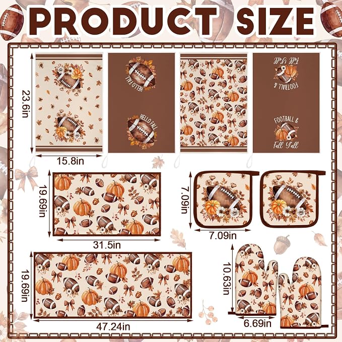 Fourluoo 10 Pcs Fall Football Kitchen Decor Set for Cooking Baking | Includes 2 Polyester Rugs, 4 Microfiber Towels, 2 Pot Holders, 2 Plus Foam Insulated Oven Mitts for Daily Kitchen Tasks.