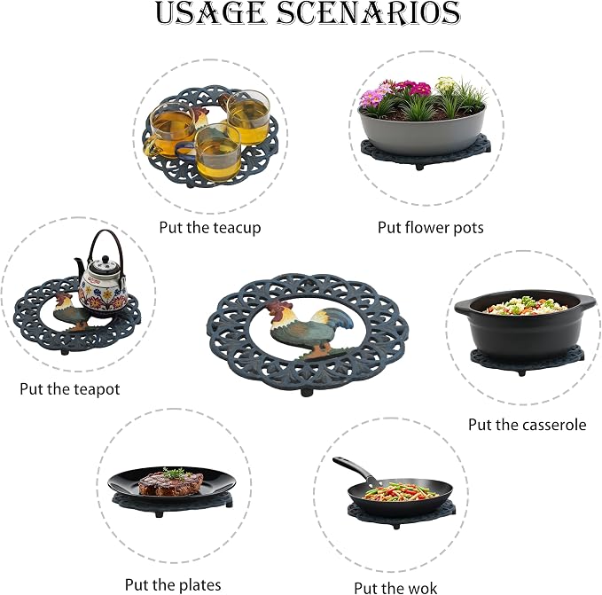 Cast Iron Rooster Trivet for Hot Dishes | Heat Resistant Metal, Rubber Pegs, 2 Pinch Mitts Included, Protects Countertop