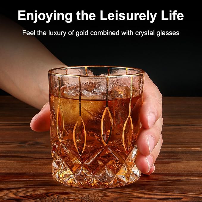 GLASKEY Gold Rim Whiskey Glasses Set of 2,Crystal Old Fashioned Glasses-Luxury Gold Collection,Perfect for Scotch Bourbon Rocks Cognac Vodka Gin Tequila Rum Liquor,Whiskey Gifts for Men