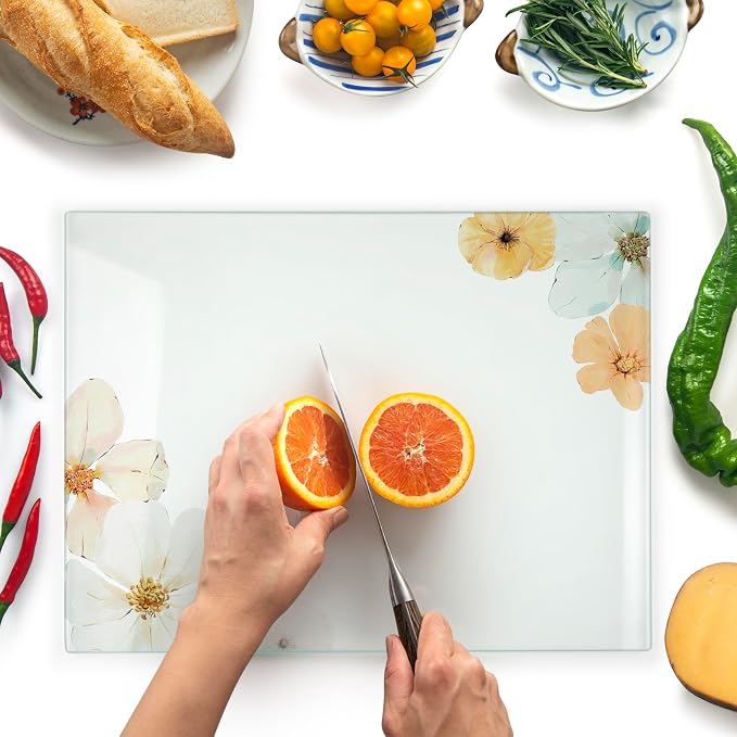 Glass Cutting Board 16"x12": Tempered Glass Kitchen Counter Protector - Durable- Scratch-Resistant, Heat-Proof - Design 5 - Floral Design