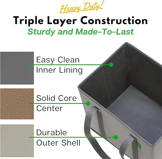 Creative Green Life Reusable Grocery Bags (3 Pack) – Heavy Duty Reusable Shopping Bags with Box Shape to Stand Up, Stay Open, Fold Flat – Large Tote Bags with Long Handles & Reinforced Bottom (Gray)