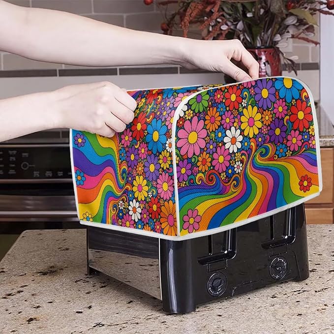 Hippie Floral Print Toaster Cover 2 Slice Anti Fingerprint Toaster Oven Dust Cover Washable Kitchen Appliance Dust Covers, Kitchen Decorations