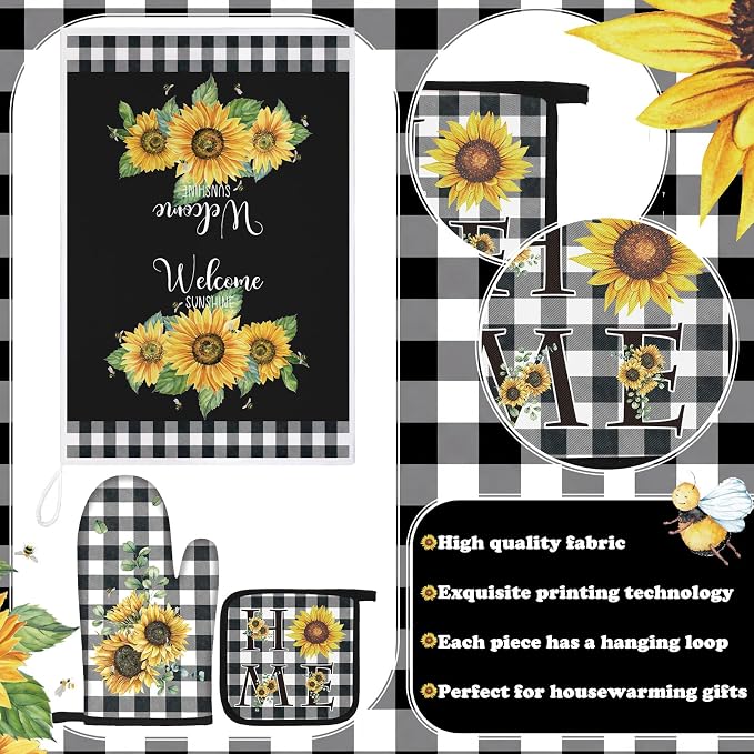 Leinuosen 8 Pcs Sunflower Checkered Kitchen Towels and Dishcloths Sets Pot Holders and Oven Mitts Sets Absorbent Kitchen Gloves Potholders Heat Resistant for Chef Baking Cooking