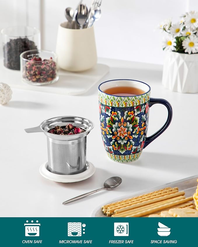 vancasso Ceramic Tea Mug with Infuser and Lid, 18 Ounce Bohemian Loose Leaf Cup, Microwave & Dishwasher Safe, Perfect for Tea, Coffee, Sage-Scarlet Floral