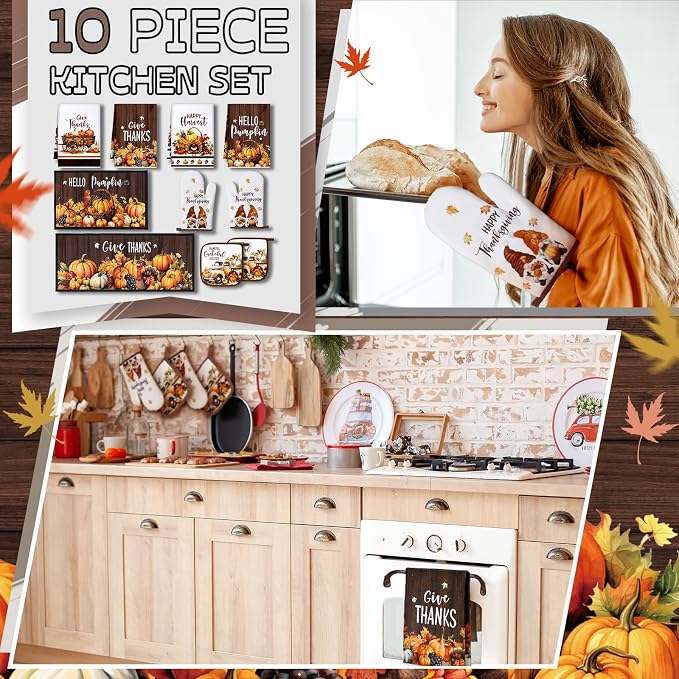 Fourluoo 10 Pcs Fall Pumpkin Kitchen Decor Set for Gift Cooking | Includes 4 Microfiber Towels, 2 Polyester Rugs and Pot Holders, Plus Foam Insulated Oven Mitts for Daily Kitchen Tasks