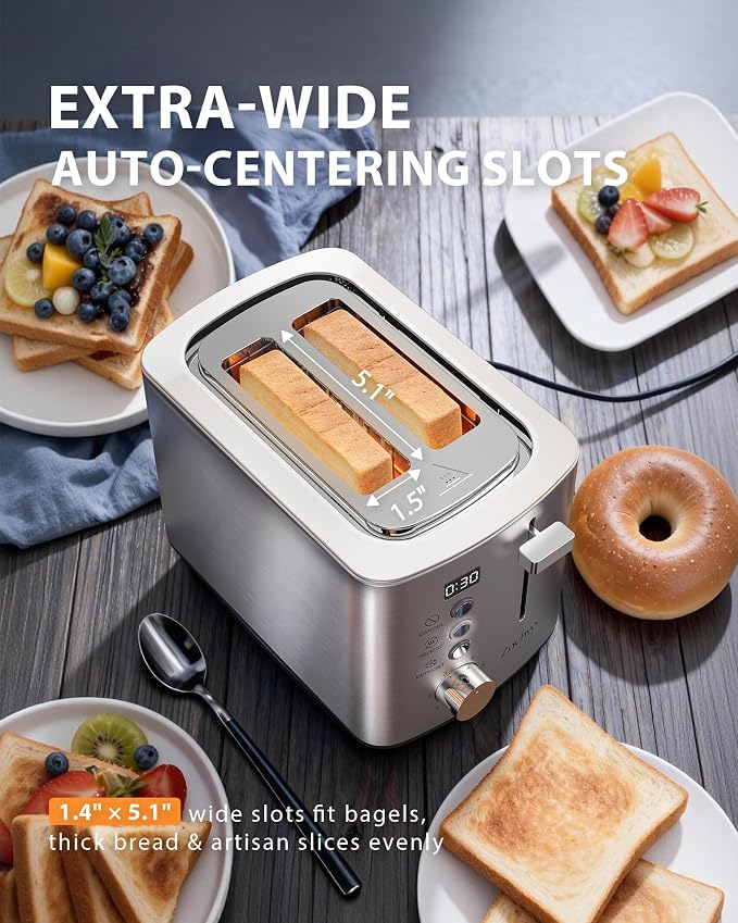 2 Slice Toaster with Countdown Timer, Wide Slots Fits Thick Bread & Bagel | 6 Browning Levels, Defrost, Reheat & Cancel, Removable Crumb Tray, Compact Design for Everyday Breakfast