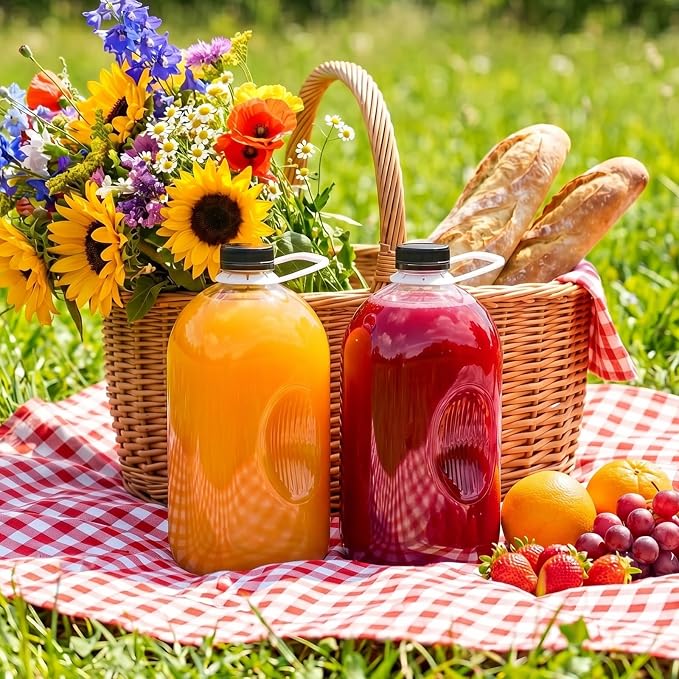 6pcs 64oz Reusable Plastic Juice Bottles with Caps, Accessories | Empty Beverage Containers with Lids and Sticker Labels, Funnel, pull handles for Juicing, Smoothies, Tea, Milk