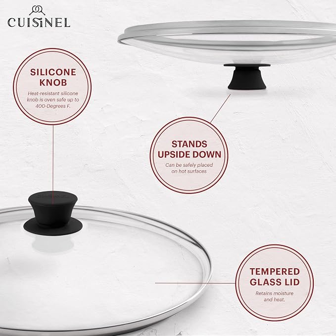 Cuisinel Cast Iron Skillet with Lid - 12"-Inch Frying Pan + Glass Cover + Silicone Handle Holder - PFAS and PFOA-free Pre-Seasoned Oven Safe Cookware - Indoor/Outdoor Use - Grill, BBQ, Fire, Stovetop