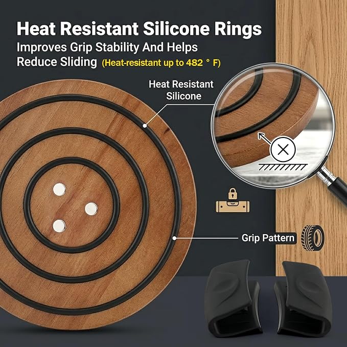 8 Inch Upgraded Strong Magnets Wooden Trivet, Wood Trivet with 3 Heat‑Resistant Silicone Rings, Magnetic Pot Holder for Cast Iron Pots, Pans & Hot Dishes, Includes 2 Silicone Pot Grips