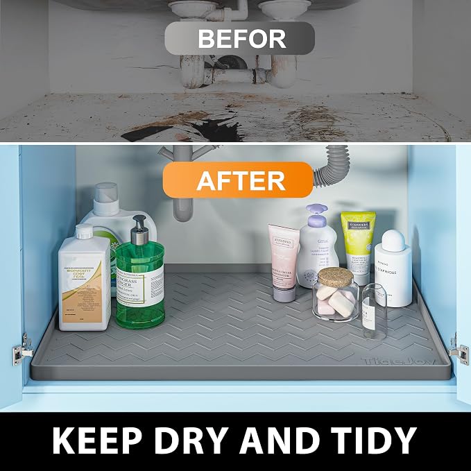 TigeJoy Under Sink Mats for Kitchen Waterproof 25" x 22", Cabinet Liner | Leak-Proof Silicone Mat Sink Protector, Kitchen Essentials Organizer and Storage,Boot or Shoe Tray, Pet Feeding Mat
