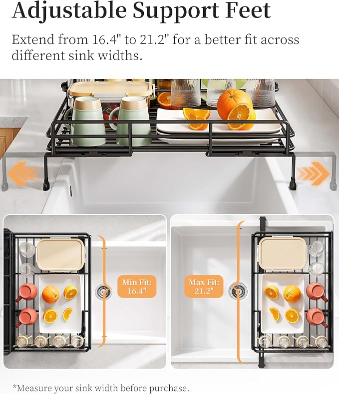 SAYZH Expandable Dish Drying Rack for Kitchen Counter, Metal, Black | Foldable Over Sink, Large Capacity, Rust-Resistant, Adjustable for Most Sinks, Automatic Drainage, Removable Utensil Holder