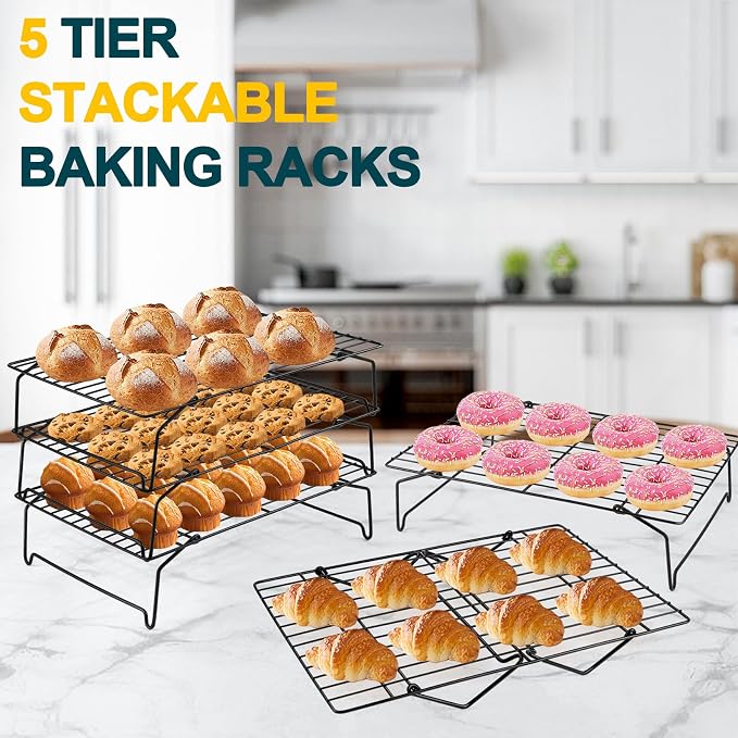 P&P CHEF 5-Tier Stainless Steel Cooling Rack, 15" x 10", Black | Stackable Baking Cooking Racks for Cooling Roasting Grilling, Collapsible & Heavy Duty, Oven Safe & Easy Clean