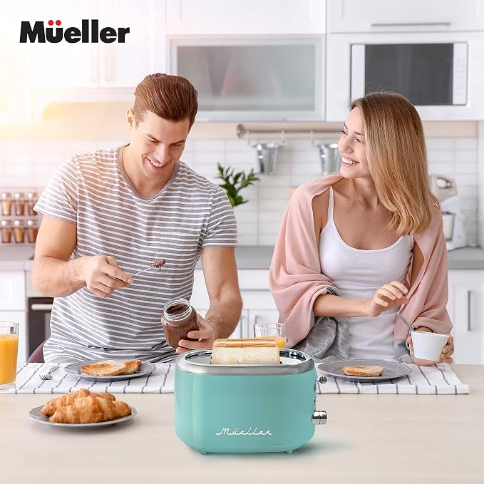 MUELLER HOME Retro Toaster 2 Slice, 7 Browning Levels | 3 Functions (Reheat, Defrost, Cancel), Stainless Steel Features, Removable Crumb Tray, Under Base Cord Storage, Turquoise