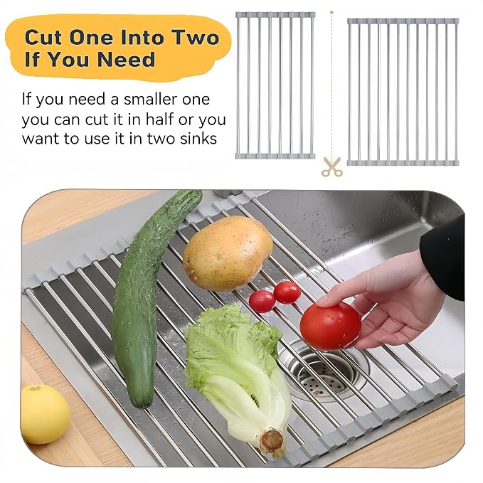 Roll Up Dish Drying Rack, 17.7" x 11.8" Over The Sink Dish Drying Rack, Dish Drying Rack for Kitchen Sink Counter Storage (Grey)