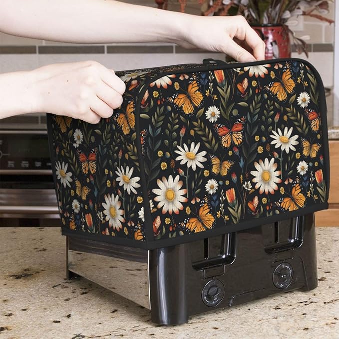 2 Slice Toaster Cover Vintage Butterfly Daisy Leaf Dust Proof Washable Kitchen Appliance Cover with Pocket, Oxford Fabric Countertop Toaster Protector for Standard Toasters Small Appliances