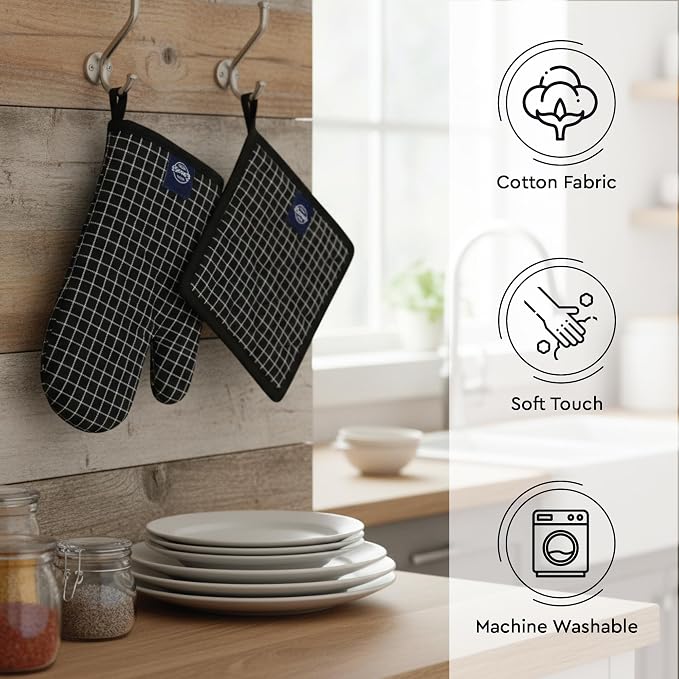 Encasa XO Oven Mitts and Pot Holders Set, Heat Resistant Cotton | Butcher Checks Black, Diamond Quilted | Non-Slip Grip | Microwave & Oven Safe | Hanging Loop | Machine Washable | Set of 2