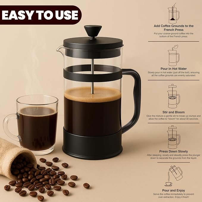 Utopia Kitchen Borosilicate Glass French Press Coffee Maker 21 Oz, Black | Heat-Resistant Cafetiere & Tea Maker, Thickened Glass Coffee Press for Travel and Camping