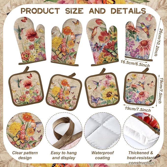 SiliFine 12 Pcs Summer Hummingbird Kitchen Accessories Set Hummingbird Oven Mitts Vintage Floral Flower Pot Holders Butterfly Kitchen Towels for Home Decorations, Cooking Baking Gifts