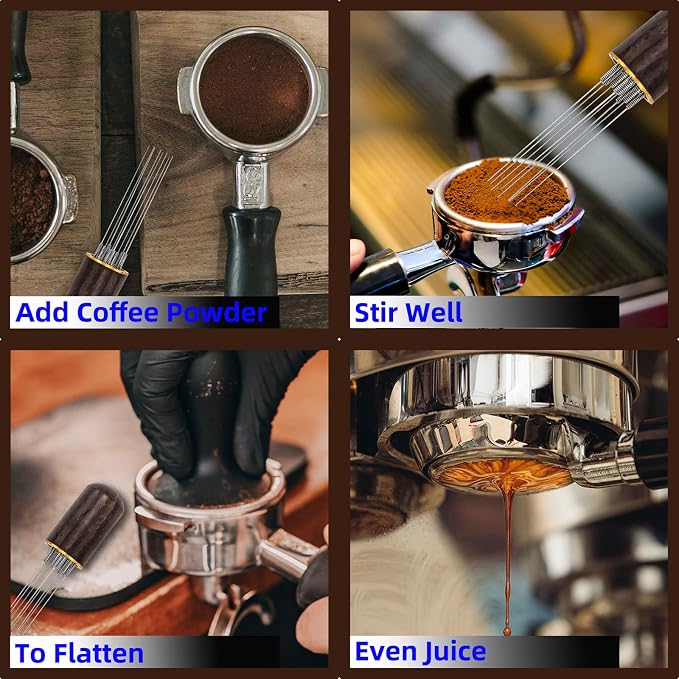 Espresso Coffee Stirrer 8 Needles 0.4mm Espresso Distribution Tools, Natural Wood Handle and Stand