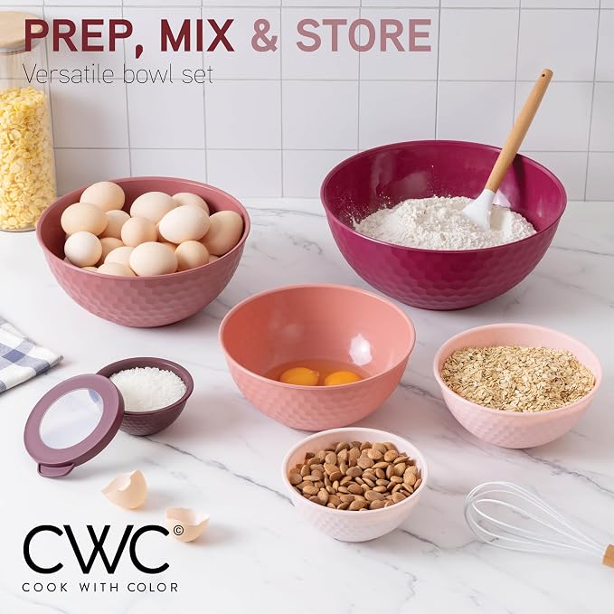 COOK WITH COLOR Mixing Bowls with Lids - 12 Piece Plastic Nesting Bowls Set includes 6 Prep Bowls and 6 Lids, Microwave Safe Mixing Bowl Set, Rose Embossed